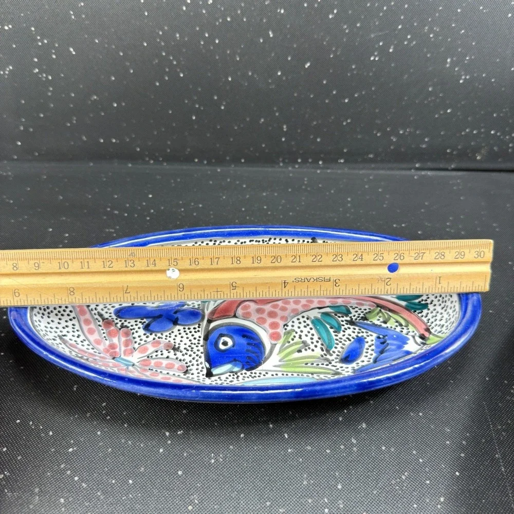 Le Souk Tunisia Azure Fish Hand Painted Oval Serving Bowls Set of 3 Blue Red 9in